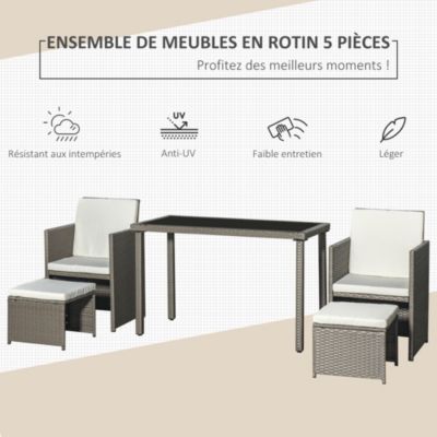 Salon de jardin encastrable 2 fauteuils monoblocs 2 tabourets table basse résine tressée coussins déhoussables crème gris