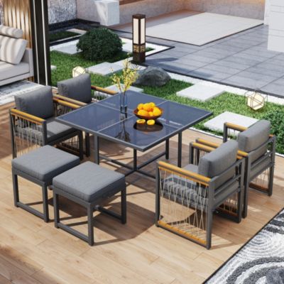 Salon de Jardin - Ensemble 7 Pièces avec Table en Verre Trempé, Fauteuils en Acacia, Structure Métallique, pour 6 Personnes - Gris
