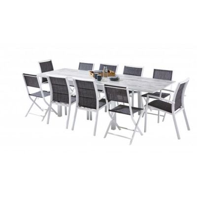 Salon de jardin Ensemble ModuloWood T 6/10 + F 6 + C 4 Verre Déco Bois Blanc Blanc Wilsa Garden