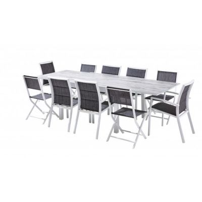 Salon de jardin Ensemble ModuloWood T 6/10 + F 6 + C 4 Verre Déco Bois Blanc Blanc Wilsa Garden