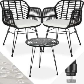 Salon de Jardin Extérieur Poly Rotin Noir - Ensemble Fauteuils Salon et Table de Jardin - Coussins Amovibles