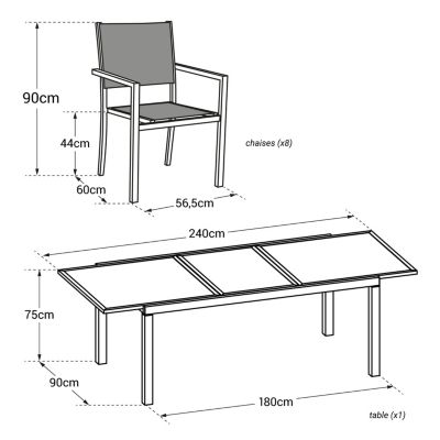 Salon de jardin FIRENZE extensible en textilène gris 8 places - aluminium blanc - Happy Garden