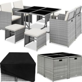 Salon de Jardin Gris Clair - Table de Jardin - 4 Chaise Confortable - 4 Tabouret de Jardin - Housse de Protection