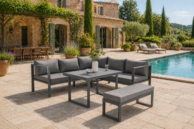 Salon de jardin gris foncé 6 places canapé et banc MARBELLA