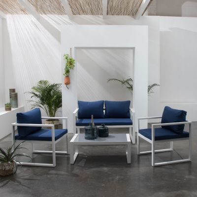 Salon de jardin IBIZA en tissu bleu 4 places - aluminium blanc - Happy Garden