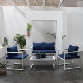 Salon de jardin IBIZA en tissu bleu 4 places - aluminium blanc - Happy Garden