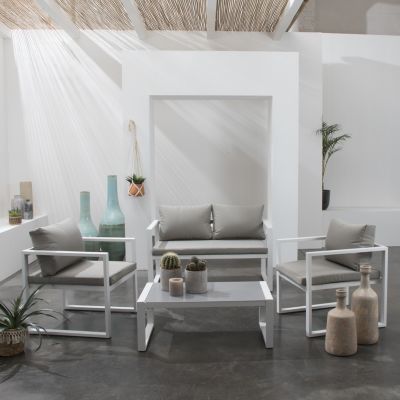Salon de jardin IBIZA en tissu gris 4 places - aluminium blanc - HAPPY GARDEN