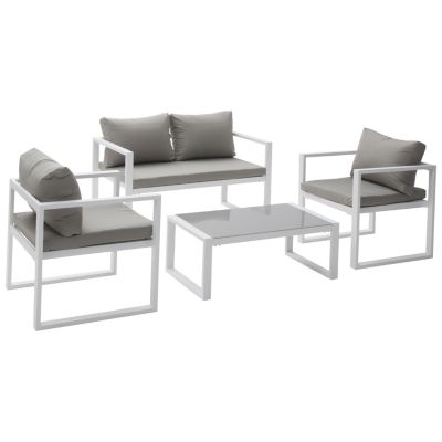 Salon de jardin IBIZA en tissu gris 4 places - aluminium blanc - HAPPY GARDEN