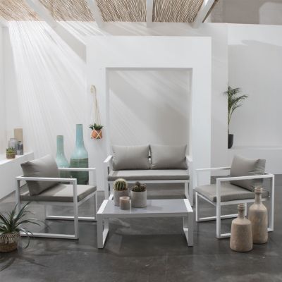 Salon de jardin IBIZA en tissu gris 4 places - aluminium blanc - HAPPY GARDEN