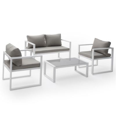 Salon de jardin IBIZA en tissu gris 4 places - aluminium blanc - HAPPY GARDEN