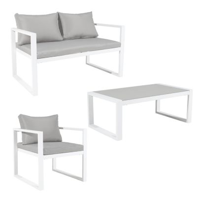 Salon de jardin IBIZA en tissu gris 4 places - aluminium blanc - HAPPY GARDEN