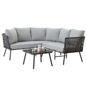 Salon de jardin JAKARTA avec 1 table basse en verre et 1 canapé d'extérieur avec coussins gris résitants à l'eau