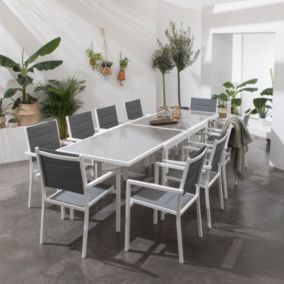 Salon de jardin LAMPEDUSA extensible en textilène gris 10 places - aluminium blanc - Happy Garden