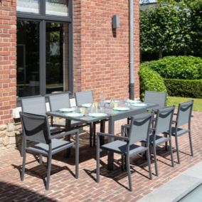 Salon de jardin LAMPEDUSA extensible en textilène gris 8 places - aluminium anthracite - HAPPY GARDEN