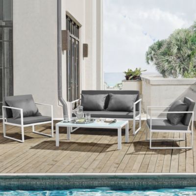 Salon de jardin Lerum table basse avec canapé et chaises blanc gris clair casa.pro