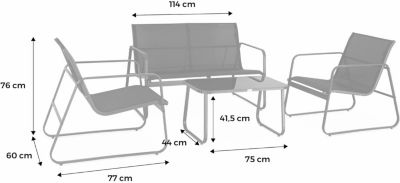 Salon de Jardin Métal Textilène Noir - Chaises - Table - Banc - 4 Personnes - Design - Terasse Extérieur