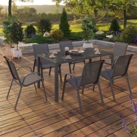 Salon de jardin MADRID table 150 CM et 6 chaises empilables gris anthracite