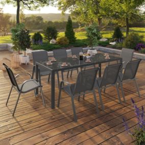 Salon de jardin MADRID table 190 CM et 8 chaises empilables gris anthracite