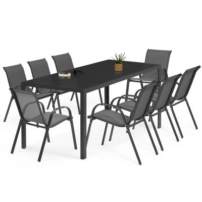 Salon de jardin MADRID table 190 CM et 8 chaises empilables gris anthracite