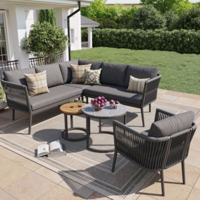 Salon de Jardin Modulable 5-6 Places - Ensemble avec Canapés en Rotin, Banc et Tables, Mobilier Extérieur Gris