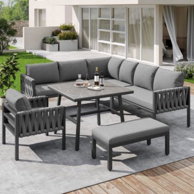 Salon de Jardin Modulable 5 Pièces - Canapé d'Angle, Table et Banquette avec Coussins, Structure en Métal Galvanisé - Gris