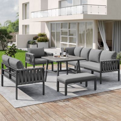 Salon de Jardin Modulable 5 Pièces - Canapé d'Angle, Table et Banquette avec Coussins, Structure en Métal Galvanisé - Gris
