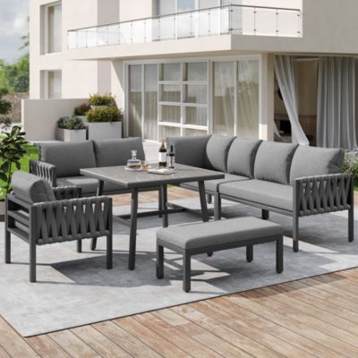 Salon de Jardin Modulable 5 Pièces - Canapé d'Angle, Table et Banquette avec Coussins, Structure en Métal Galvanisé - Gris