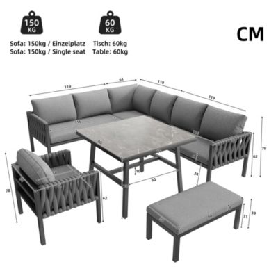 Salon de Jardin Modulable 5 Pièces - Canapé d'Angle, Table et Banquette avec Coussins, Structure en Métal Galvanisé - Gris