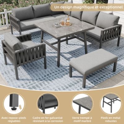 Salon de Jardin Modulable 5 Pièces - Canapé d'Angle, Table et Banquette avec Coussins, Structure en Métal Galvanisé - Gris