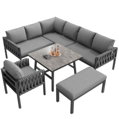Salon de Jardin Modulable 5 Pièces - Canapé d'Angle, Table et Banquette avec Coussins, Structure en Métal Galvanisé - Gris