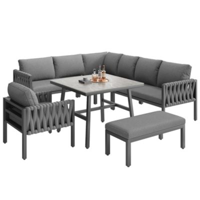 Salon de Jardin Modulable 5 Pièces - Canapé d'Angle, Table et Banquette avec Coussins, Structure en Métal Galvanisé - Gris