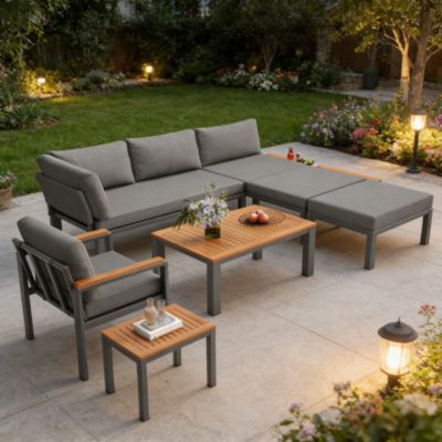 Salon de jardin modulable 6 places, dossier inclinable, structure acier robuste, tables bois composite, housses déperlantes, gris