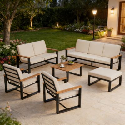 Salon de jardin modulable 8 places,canapé 3+2 places,2 fauteuils,repose-pieds,structure acier galvanisé,plateau bois acacia,beige
