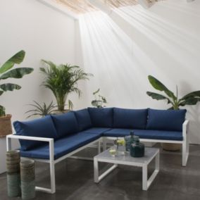 Salon de jardin modulable IBIZA en tissu bleu 4 places - aluminium blanc - Happy Garden