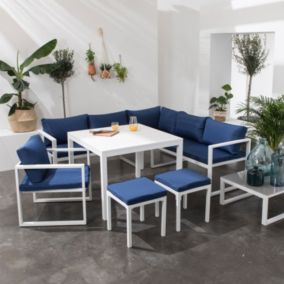 Salon de jardin modulable IBIZA en tissu bleu 7 places - aluminium blanc - Happy Garden