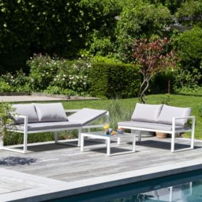 Salon de jardin modulable IBIZA en tissu gris 4 places - aluminium blanc - Happy Garden