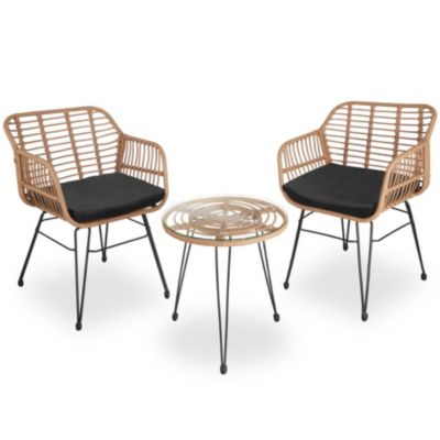 Salon de jardin Molfetta en polyrotin résistant UV avec table vitrée et chaises confortables