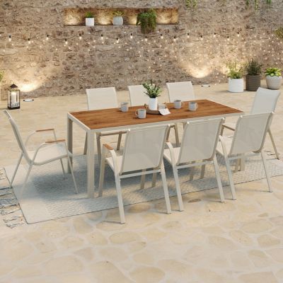 Salon de jardin NOUMEA table 190 cm plateau verre trempé effet bois et 8 chaises empilables beige et bois