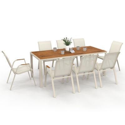 Salon de jardin NOUMEA table 190 cm plateau verre trempé effet bois et 8 chaises empilables beige et bois