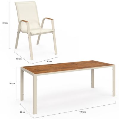 Salon de jardin NOUMEA table 190 cm plateau verre trempé effet bois et 8 chaises empilables beige et bois