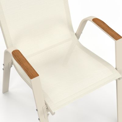 Salon de jardin NOUMEA table 190 cm plateau verre trempé effet bois et 8 chaises empilables beige et bois