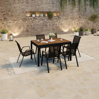 Lot 4 Chaises Jardin NOUMEA Empilables – Métal & Textilène Noir/Bois – Confort & Style Moderne
