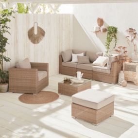 Salon de jardin Premium en résine tressée arrondie   VINCI   Résine naturelle style osier. coussins beiges   5 places. haut de