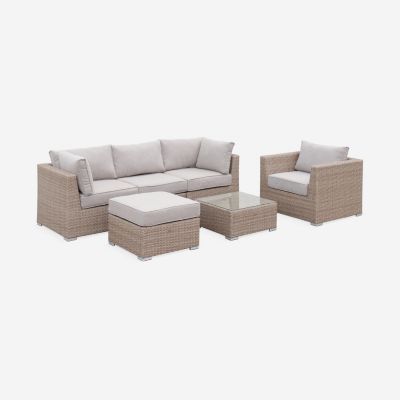 Salon de jardin Premium en résine tressée arrondie   VINCI   Résine naturelle style osier. coussins beiges   5 places. haut de
