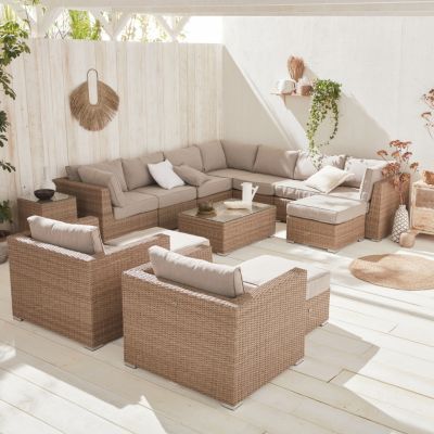 Salon de jardin Premium en résine tressée arrondie XXL   VERONA   Résine naturelle style osier. coussins beiges   12 à 14 places