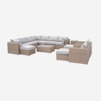 Salon de jardin Premium en résine tressée arrondie XXL   VERONA   Résine naturelle style osier. coussins beiges   12 à 14 places