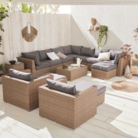 Salon de jardin Premium en résine tressée arrondie XXL   VERONA   Résine naturelle style osier. coussins gris foncé   12 à 14