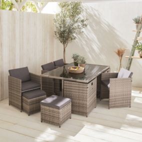 Salon de jardin résine tressée grise. coussins gris chiné 6-10 places + Housse de protection gris foncé polyester