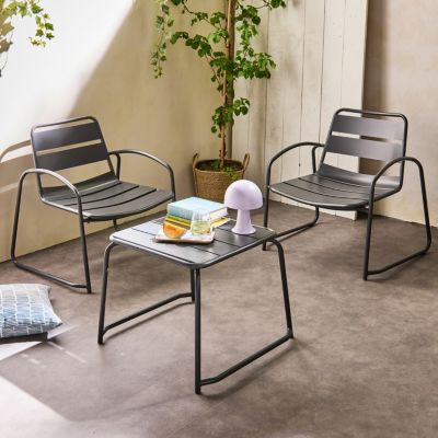 Salon de jardin relax anthracite Suzana. 2 chaises 1 table d'appoint en acier