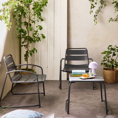 Salon de jardin relax anthracite Suzana. 2 chaises 1 table d'appoint en acier